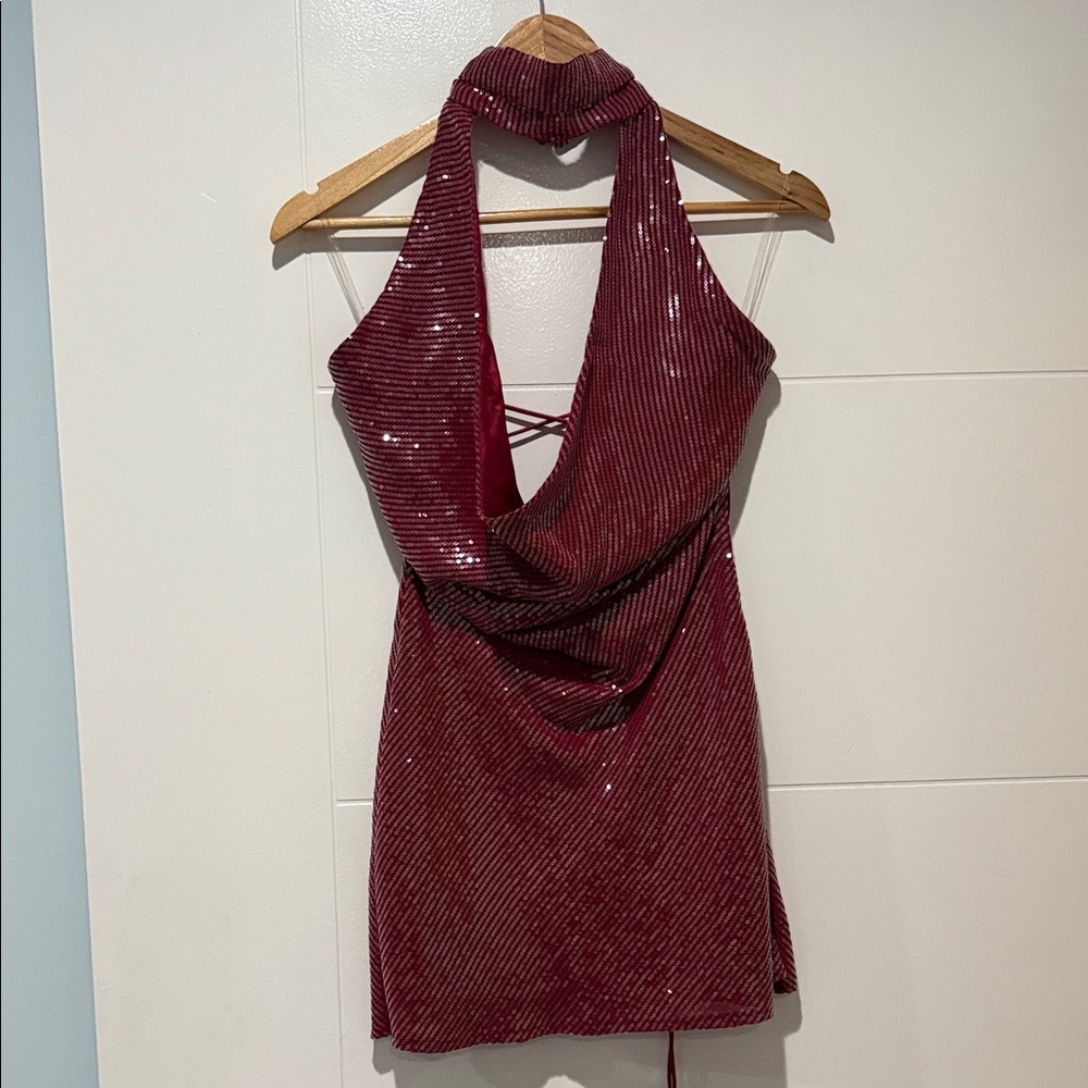 Peppermayo Maroon Halter Dress with silver sequins